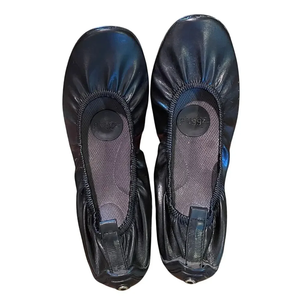 Pluggz Anu Black Faux Leather Packable Ballet Flats, Earthing/Grounding Shoe 7.5